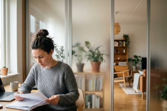 Femme travaillant dans un bureau à domicile séparé par une cloison en verre dépoli dans un intérieur scandinave
