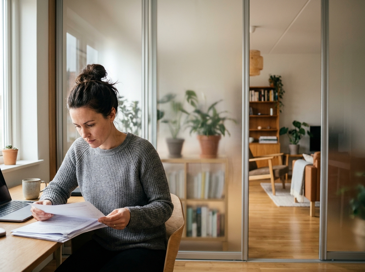 Femme travaillant dans un bureau à domicile séparé par une cloison en verre dépoli dans un intérieur scandinave