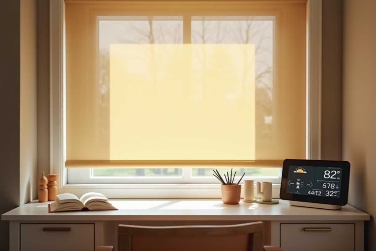 Bureau cosy avec store beige partiellement abaissé et thermomètre