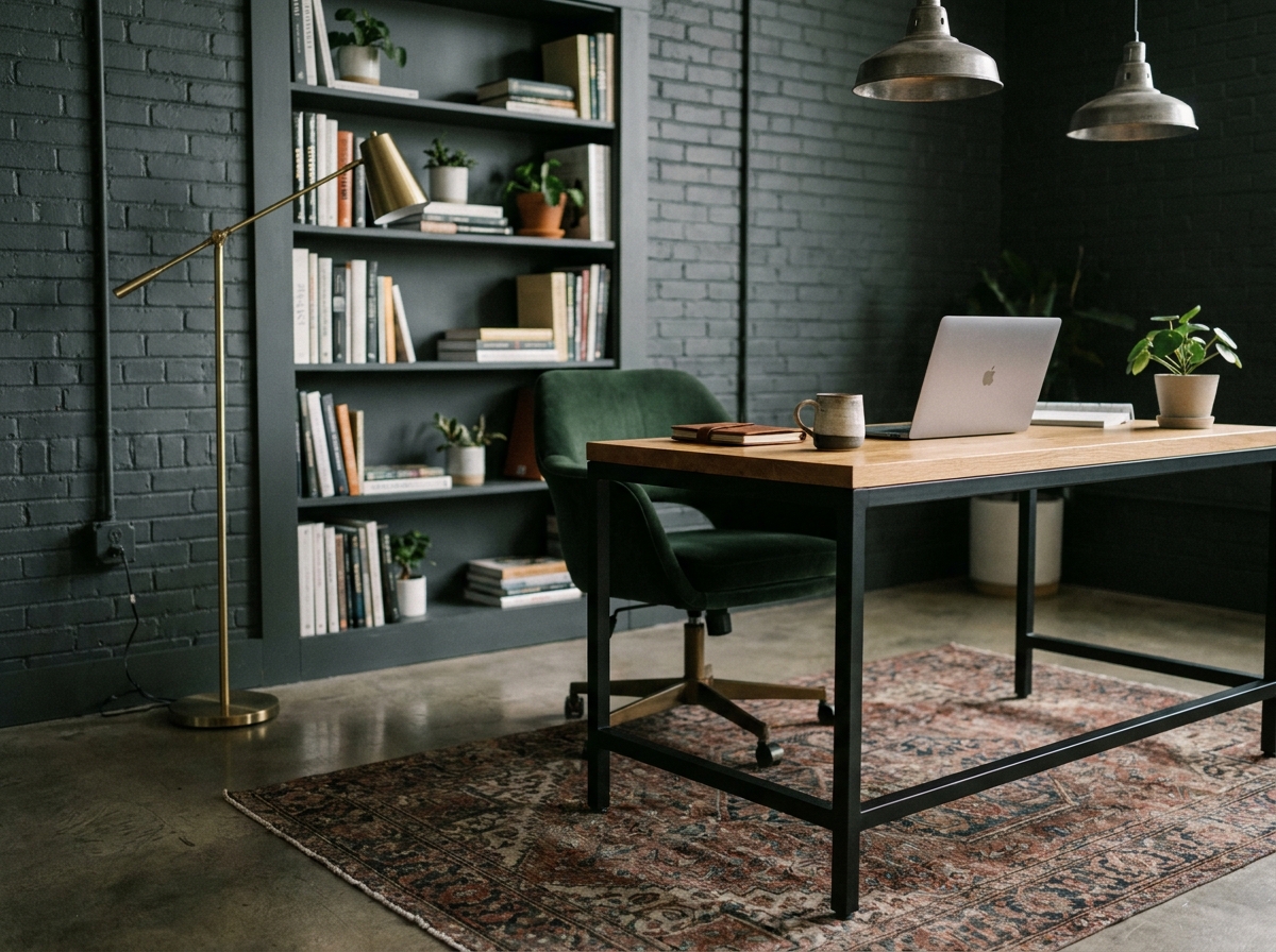 Bureau à domicile moderne avec un bureau en chêne et acier noir, un fauteuil en velours vert et un mur en briques exposées peintes en gris anthracite