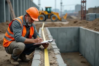 Ouvrier de chantier calculant le volume en mètres cubes d'une fondation en béton avec un mètre ruban et un carnet de notes