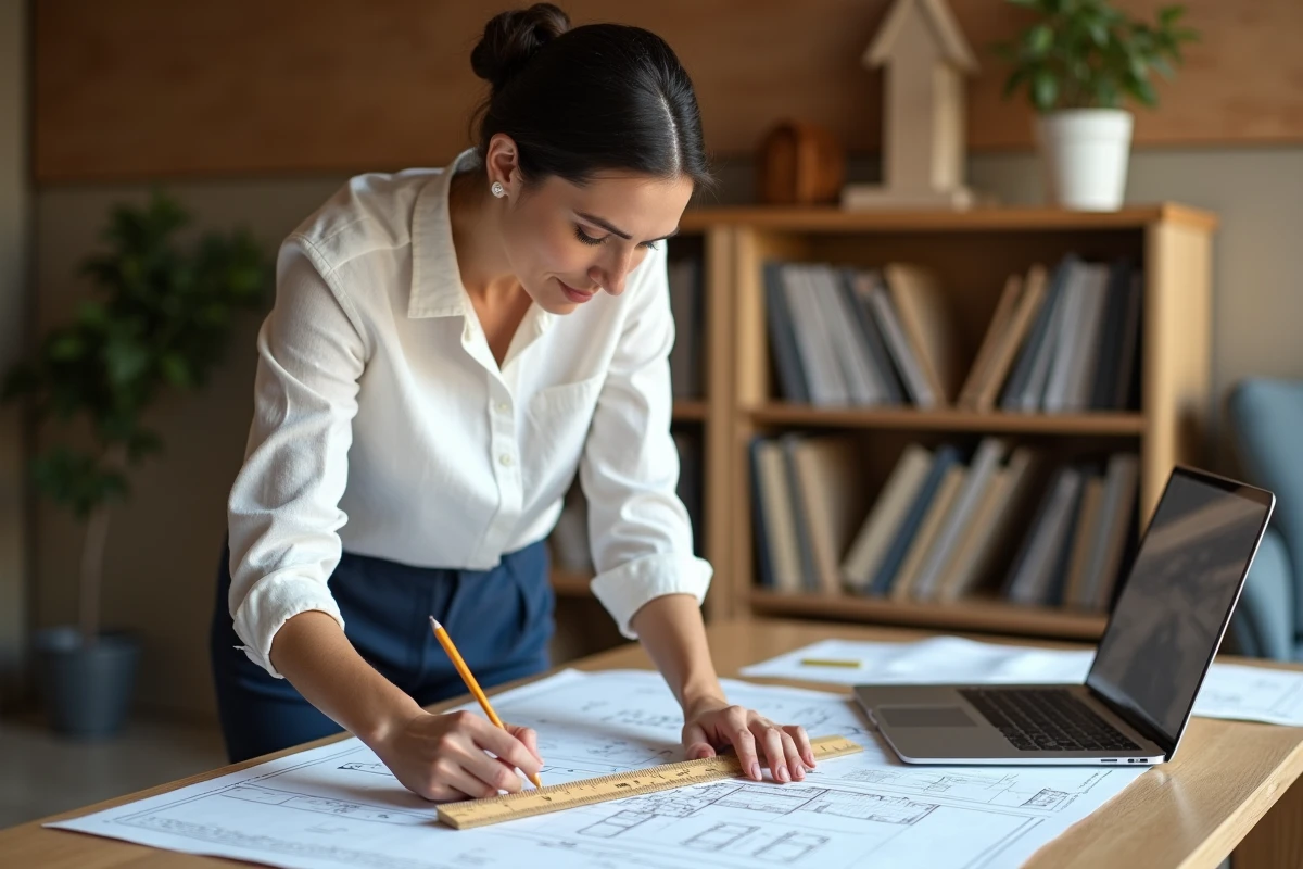 Femme calculant les mètres carrés d'une pièce sur des plans architecturaux à un bureau à domicile