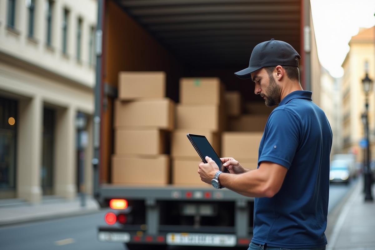 Camion de déménagement chargé de cartons empiles avec un déménageur utilisant une tablette