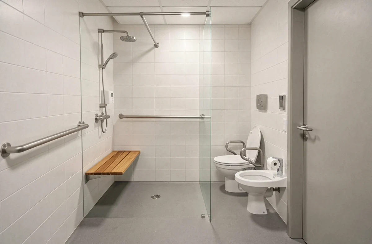 Salle de bain PMR adaptée à Toulouse avec douche à l'italienne, barre d'appui en inox et siège de douche rabattable pour personnes handicapées