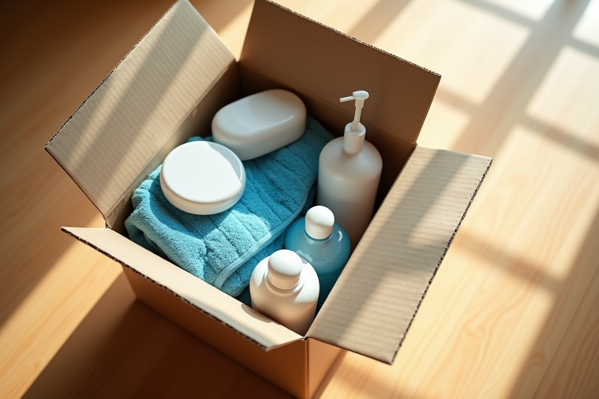 Carton ouvert avec produits de toilette sur un sol en bois