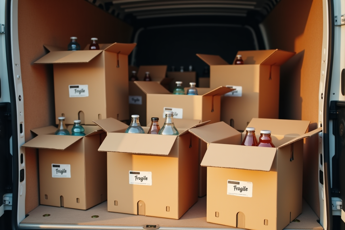 Cartons fragiles contenant des bouteilles glbottles dans un camion de déménagement