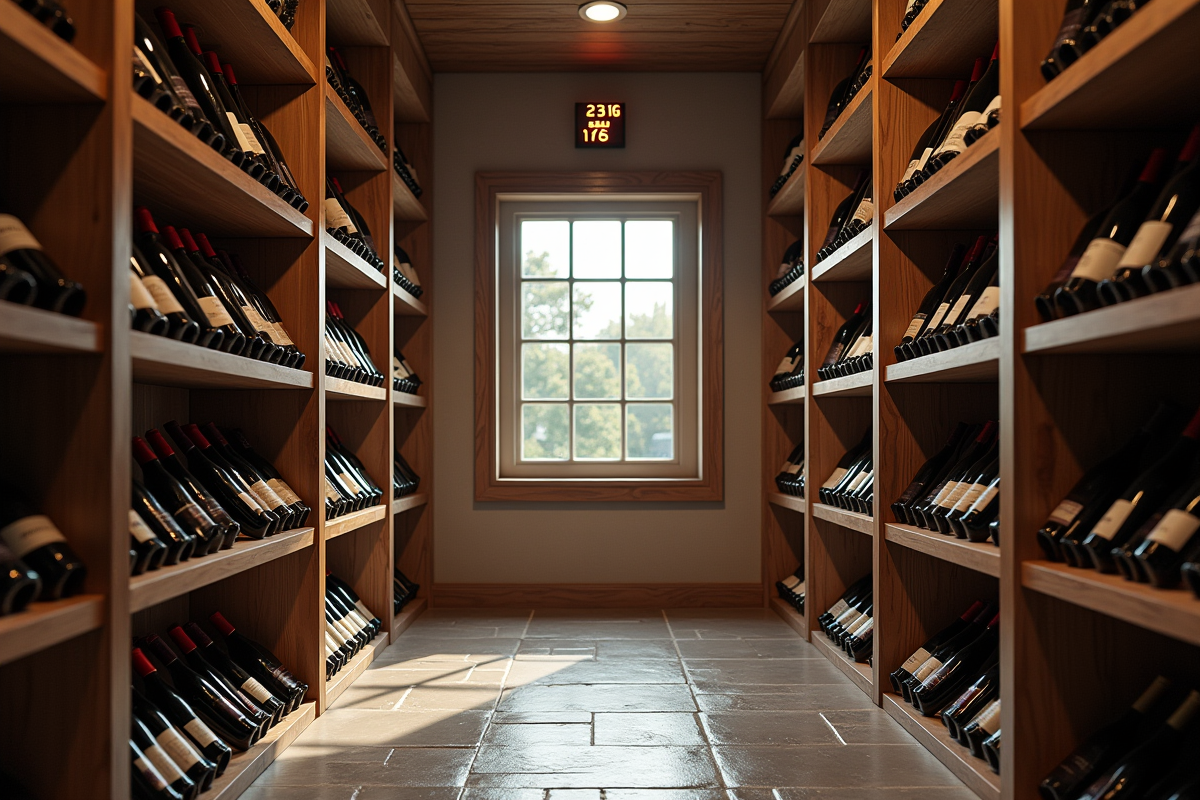 Cave à vin moderne avec étagères en bois et hygromètre numérique