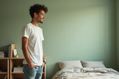 Chambre de garçon ado peinte en vert sauge écologique avec mobilier en bois naturel
