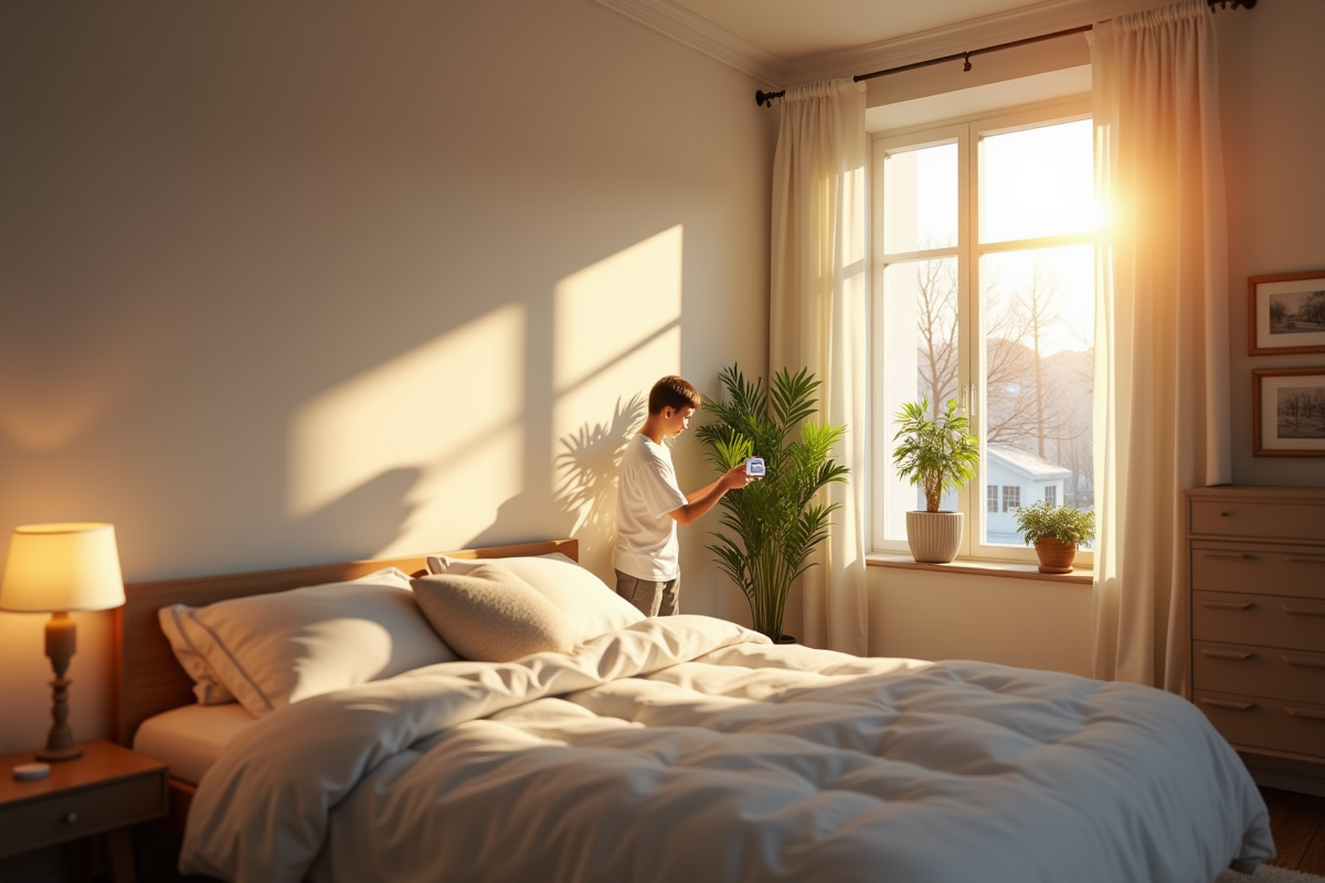 Chambre lumineuse avec thermostat intelligent et plantes vertes