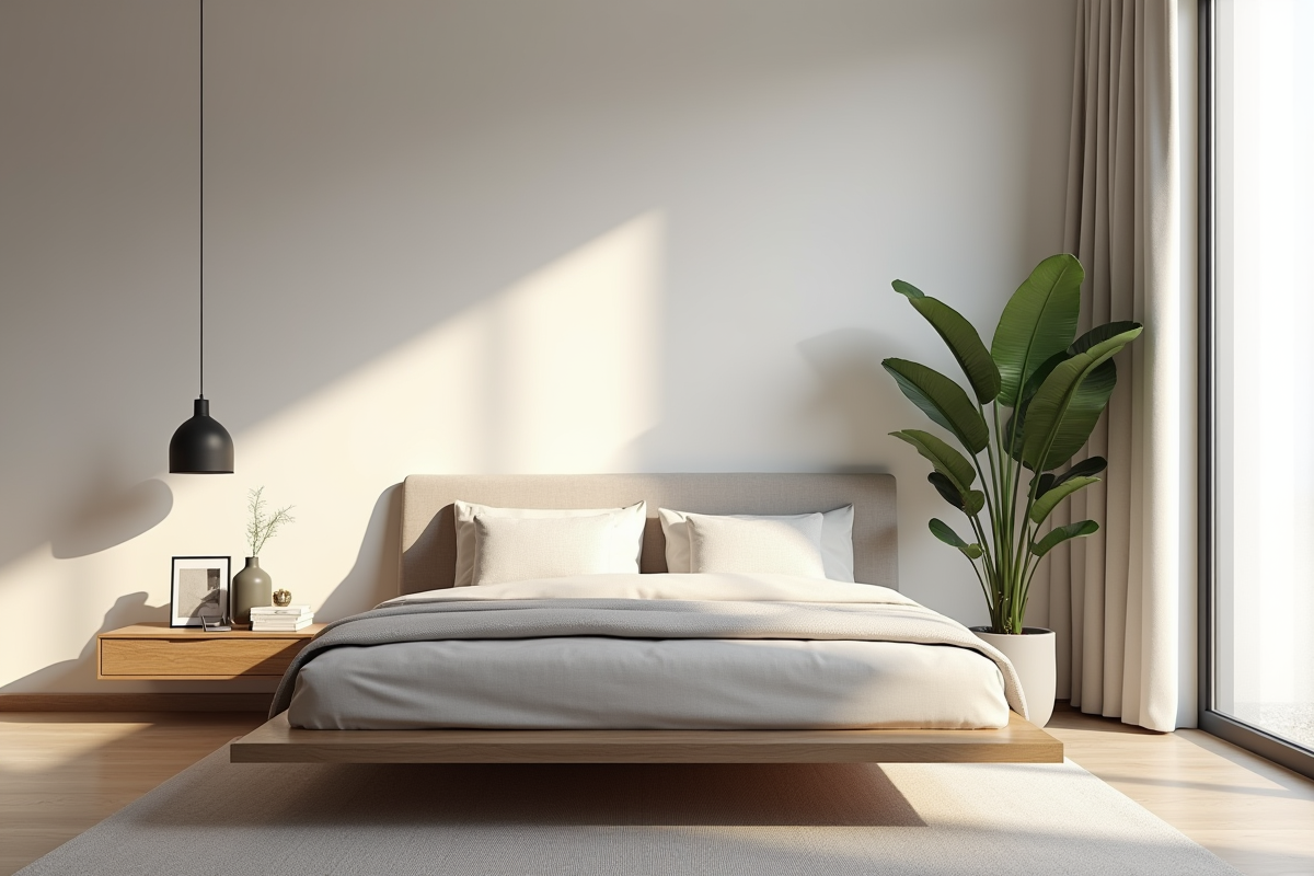 Chambre minimaliste lumineuse avec lit neutre et plantes