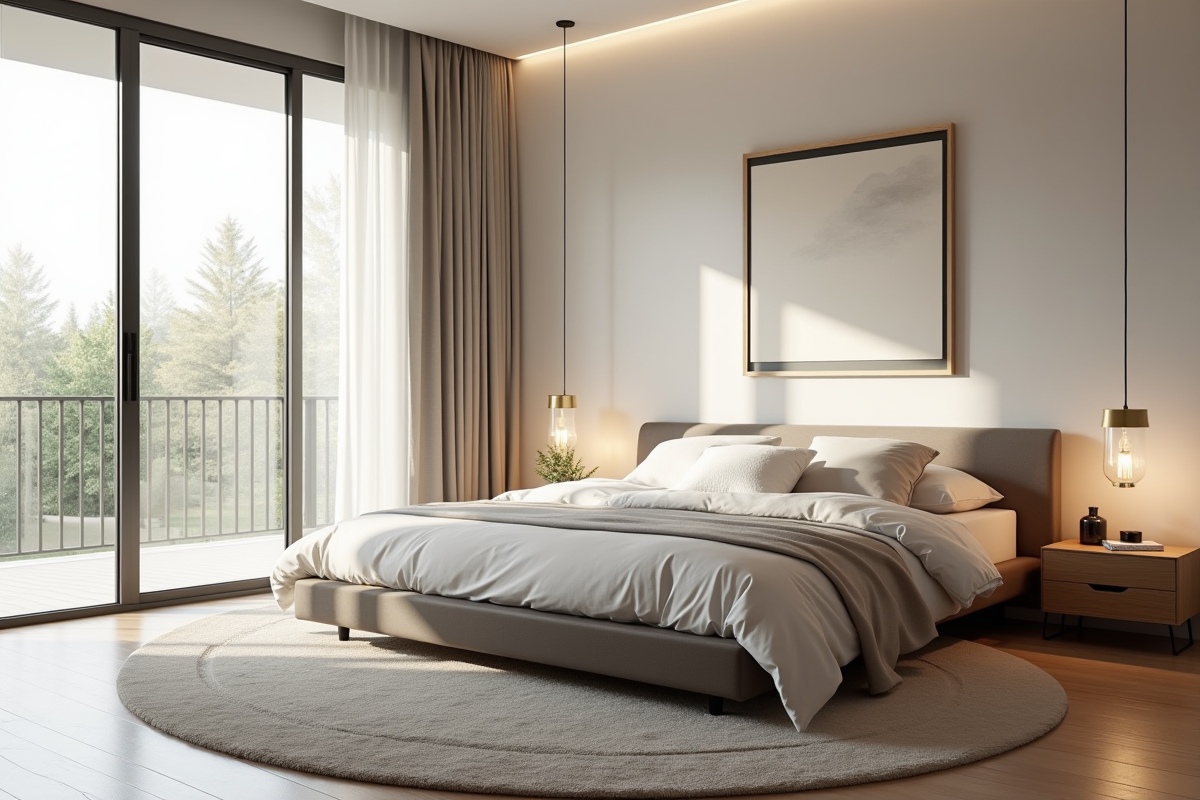 Chambre moderne avec lit queen et tapis rond lumineux