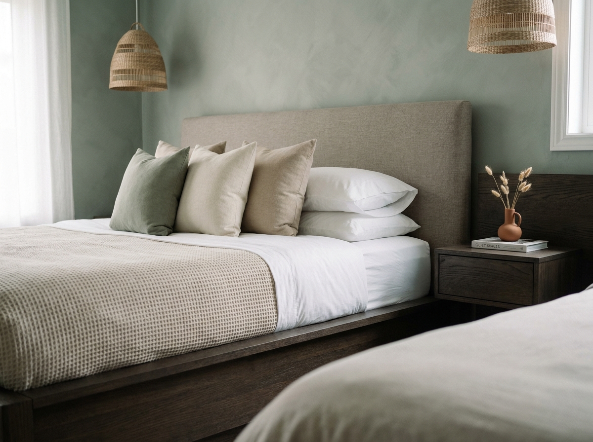 Chambre moderne et minimaliste avec un lit en chêne fumé, une tête de lit en lin greige et des murs en chaux sauge dans une ambiance cocooning