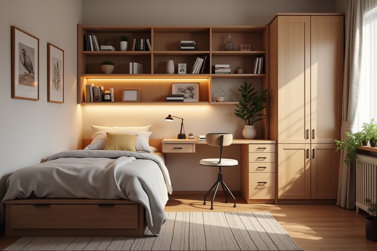 Petite chambre fonctionnelle avec meubles de rangement