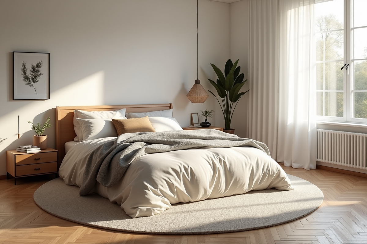 Chambre scandinave avec lit queen et tapis rond central