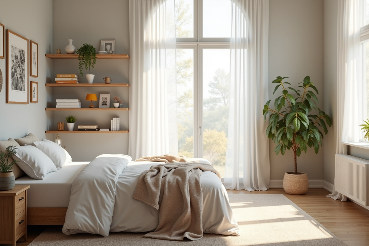 Chambre moderne lumineuse avec lit bien fait et étagères organisées