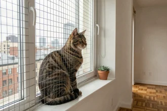 Chat tabby assis derrière un grillage de protection installé sur une fenêtre d'appartement moderne avec vue sur les toits