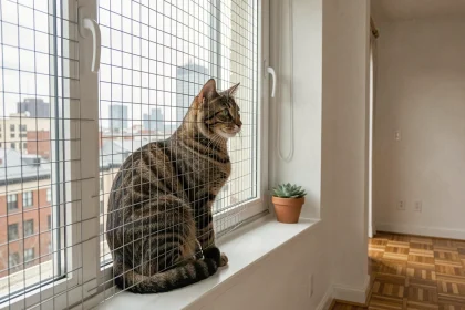 Chat tabby assis derrière un grillage de protection installé sur une fenêtre d'appartement moderne avec vue sur les toits