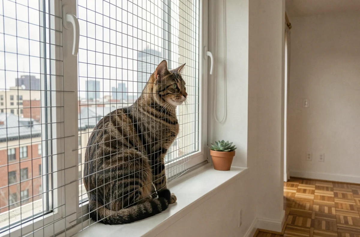 Chat tabby assis derrière un grillage de protection installé sur une fenêtre d'appartement moderne avec vue sur les toits