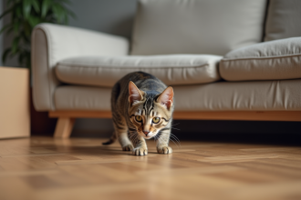 Jeune chat tigré explore un appartement moderne