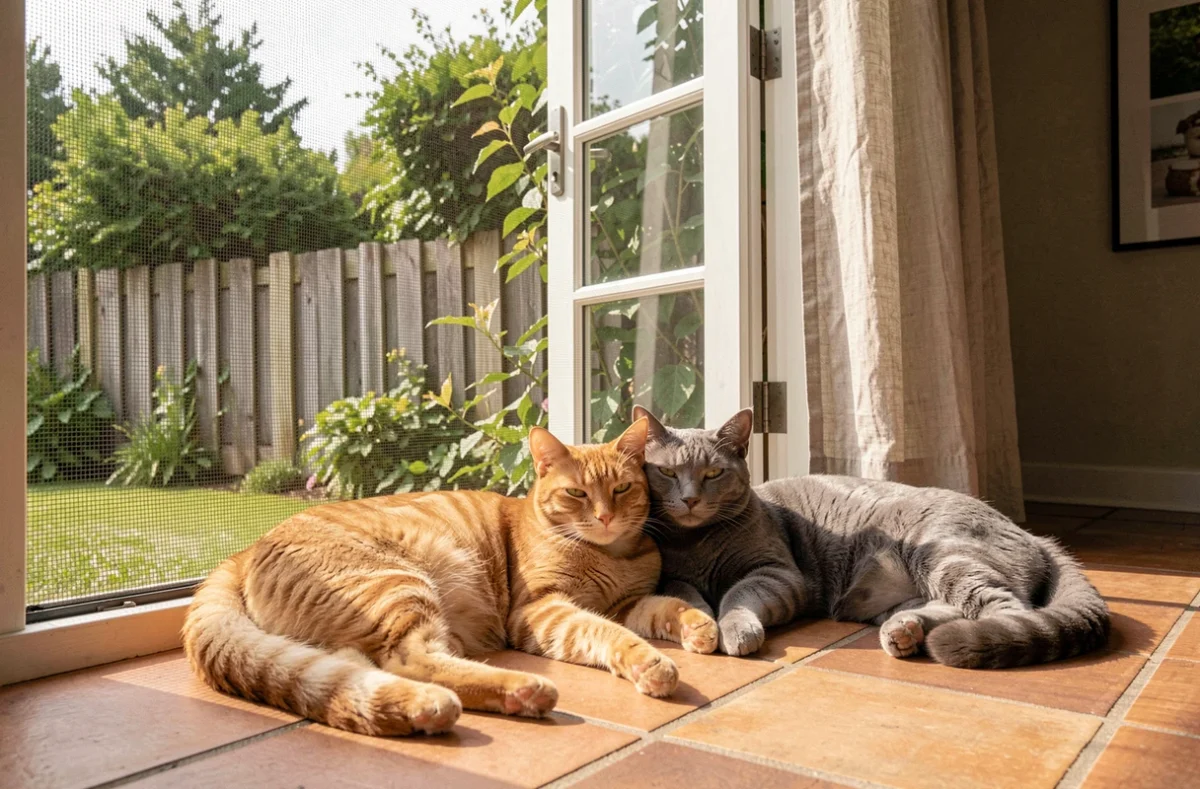 Deux chats allongés près d'une fenêtre ouverte équipée d'un filet de sécurité transparent donnant sur un jardin verdoyant