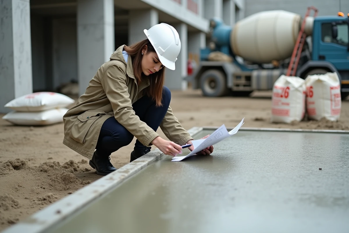 Cheffe de chantier inspectant la qualité d'un béton fraîchement coulé selon les nouvelles normes 2026