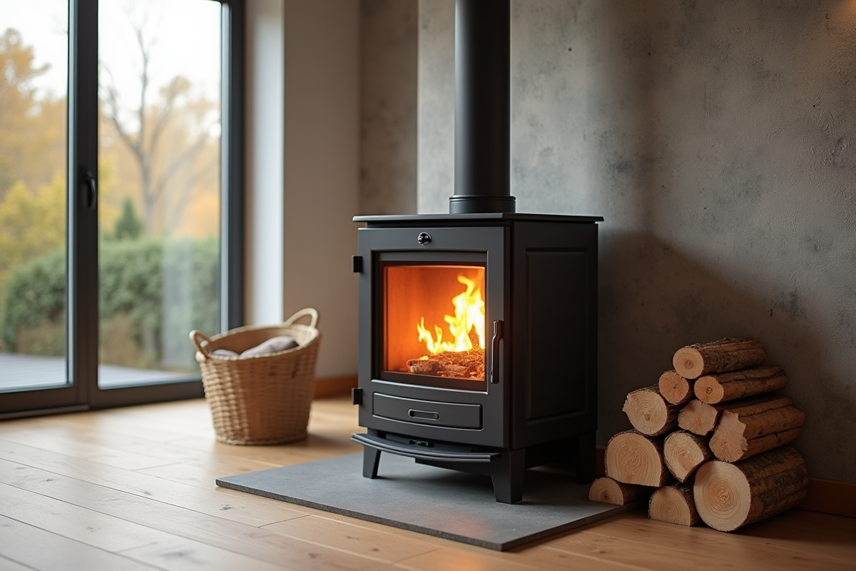 Poêle à bois moderne avec feu vif dans un salon lumineux