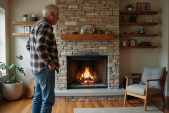 Homme en jeans examine une cheminée en pierre dans un salon chaleureux