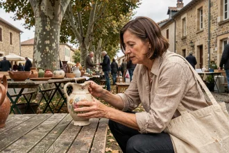 Chineuse examinant une cruche ancienne sur un marché brocante en plein air dans un village de l'Ain