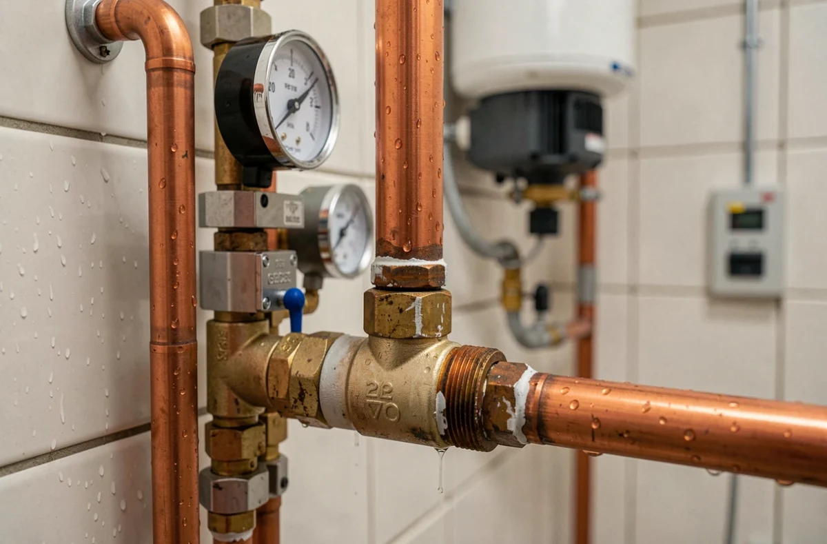 Détail du circuit hydraulique d'une pompe à chaleur air-eau avec tuyaux en cuivre, manomètres et collecteur dans une chaufferie