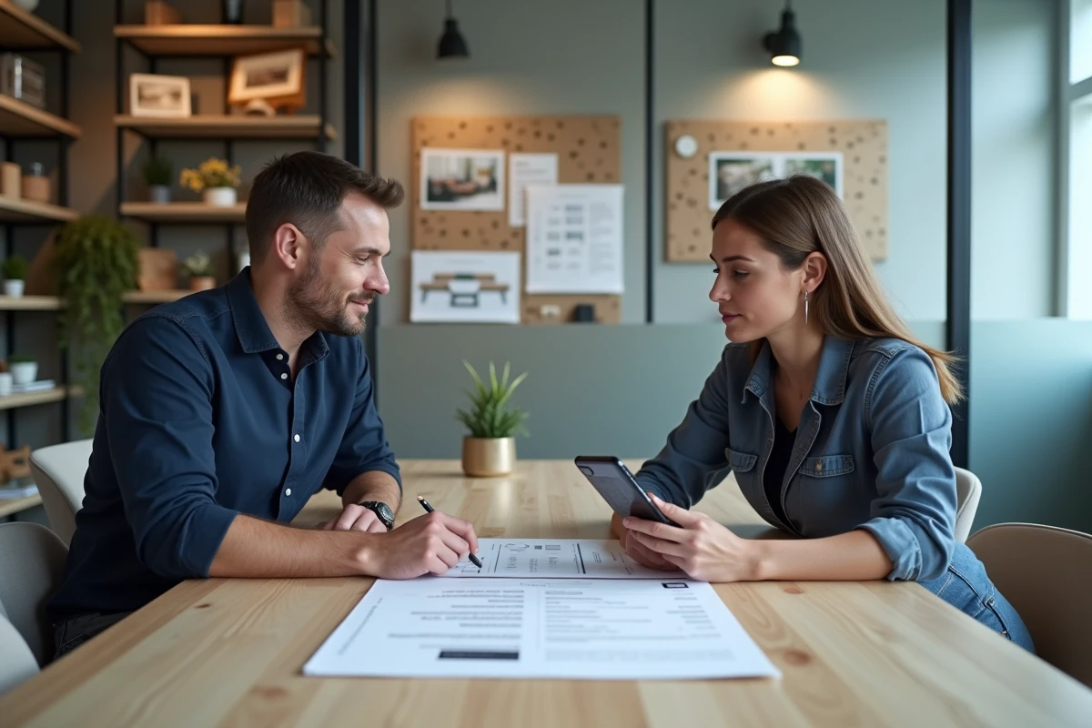 Client et décoratrice discutant du tarif d'un projet de décoration intérieure autour d'un devis détaillé