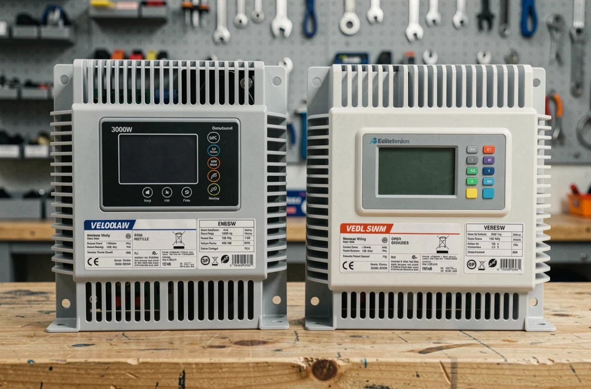 Comparaison de deux modèles d'onduleurs solaires 3000W posés sur un établi d'atelier