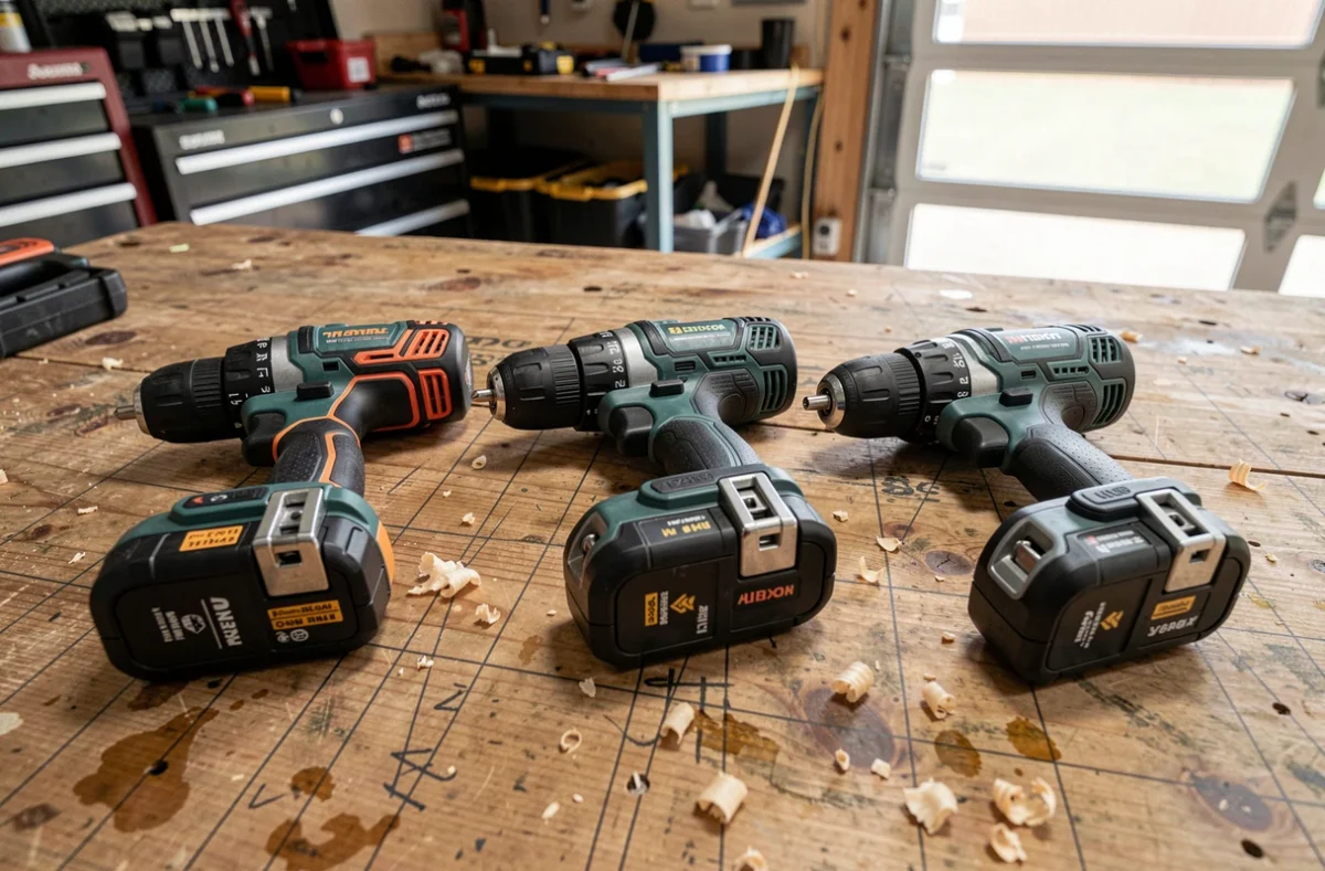 Comparaison de trois visseuses sans fil posées sur un établi d'atelier en bois