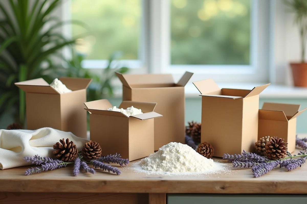 Comparatif de lessives en poudre écologiques dans des emballages en carton recyclable sur table en bois