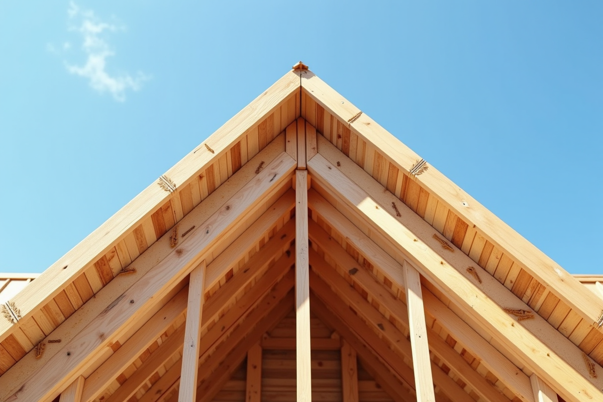 Vue extérieure d un toit en construction avec poutres en bois