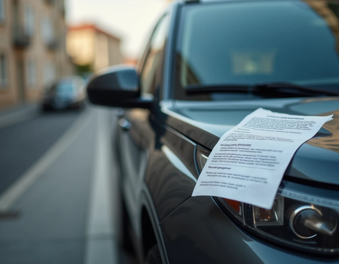 Contravention de stationnement sur trottoir gliss&eacute;e sous l'essuie-glace d'un SUV gar&eacute; devant une maison