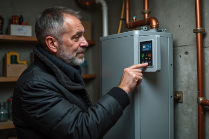 Homme d'âge moyen vérifiant le panneau de contrôle d'une pompe à chaleur