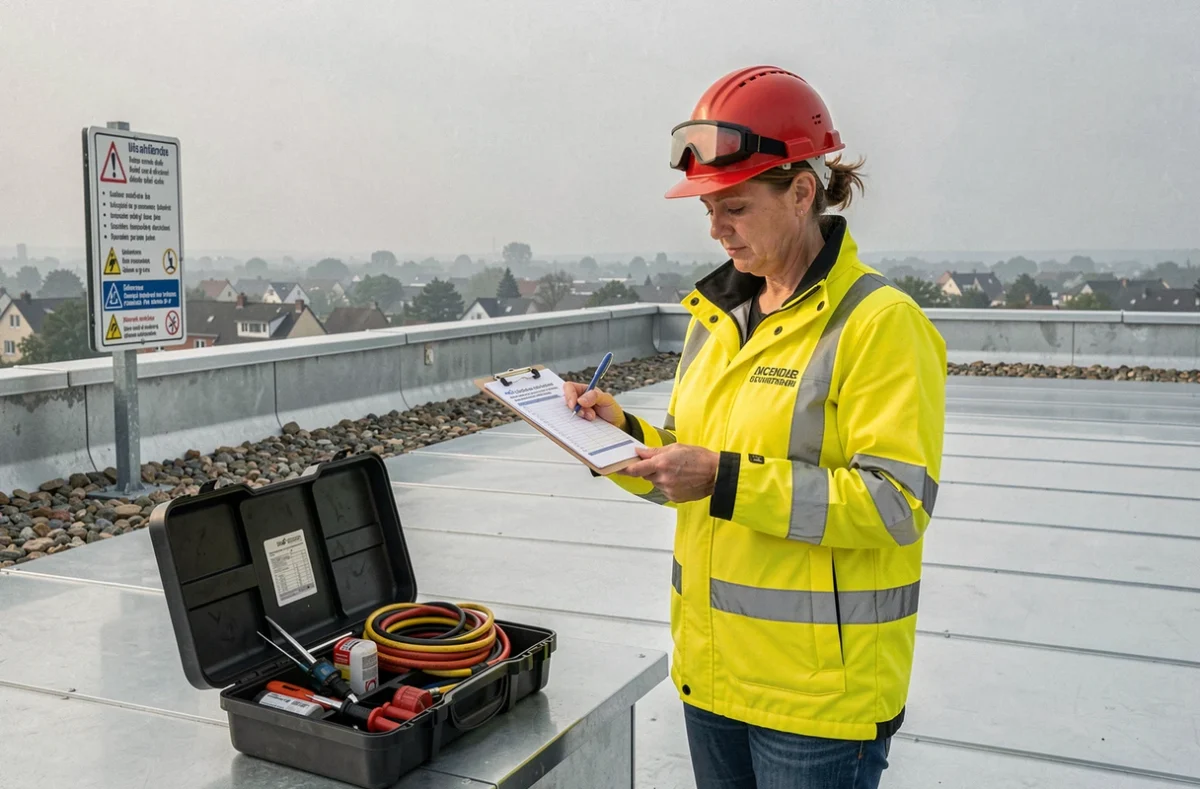 Responsable sécurité vérifiant les équipements de soudage du zinc en hauteur sur toiture plate avec checklist de sécurité professionnelle