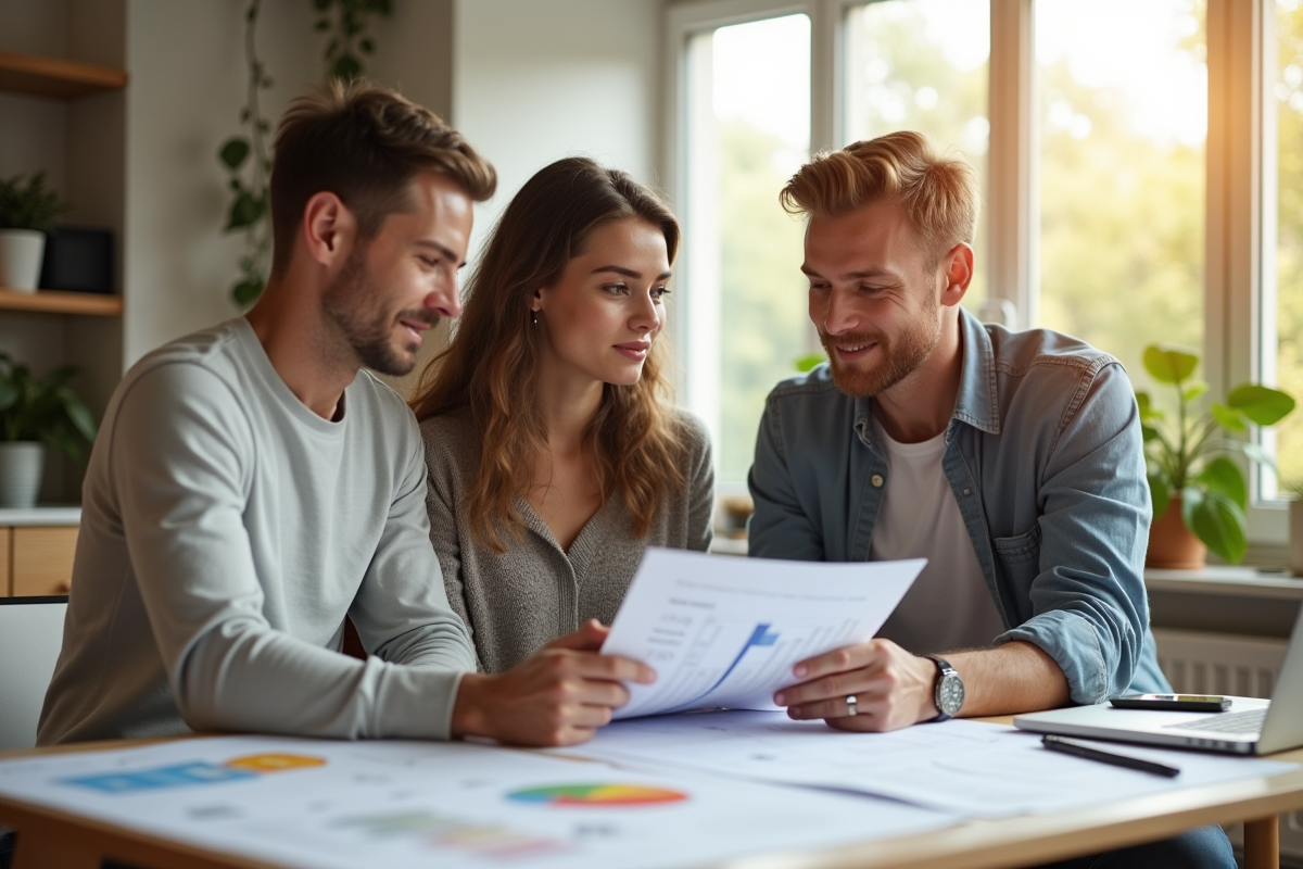 Jeune couple avec architecte discutant de rénovation écologique dans un salon lumineux