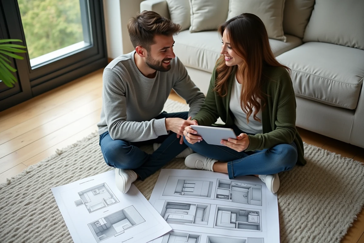 Jeune couple discutant de plans de r&eacute;novation dans un salon lumineux