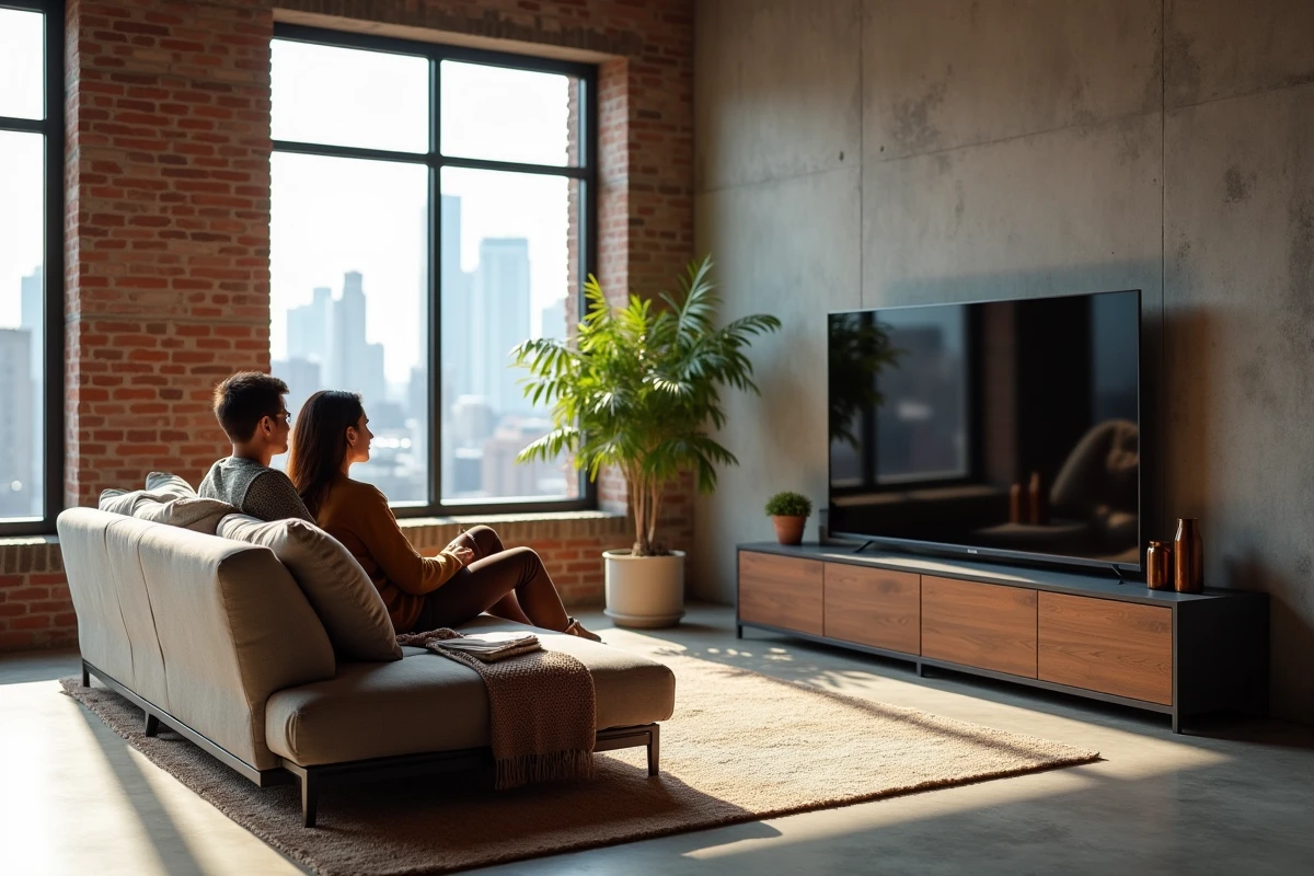 Jeune couple dans un loft urbain avec meuble TV