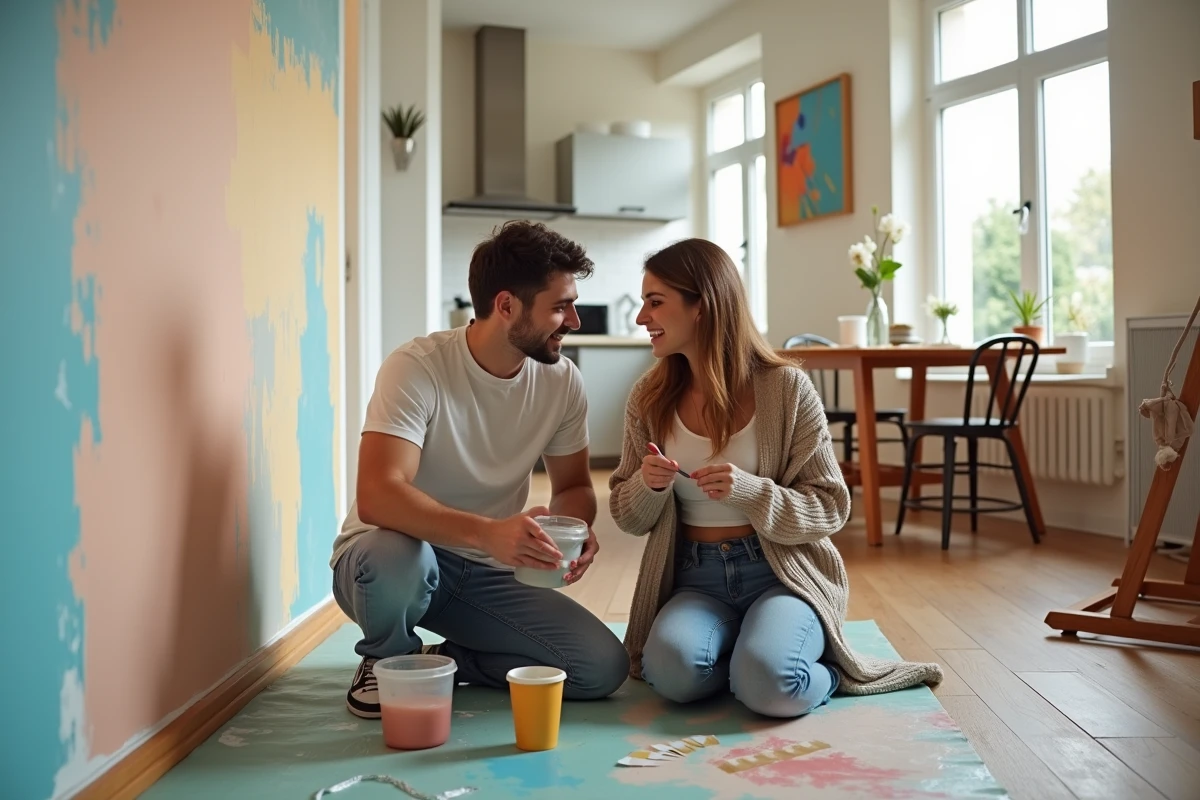 Jeune couple mélangeant de la peinture dans un appartement lumineux