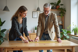 Couple mesurant une table en bois dans un appartement lumineux