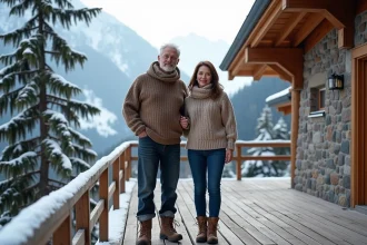 Couple en pulls dans un chalet de montagne enneige