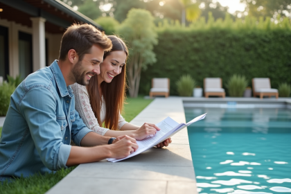 Jeune couple souriant devant une piscine extérieure en centre de jardin
