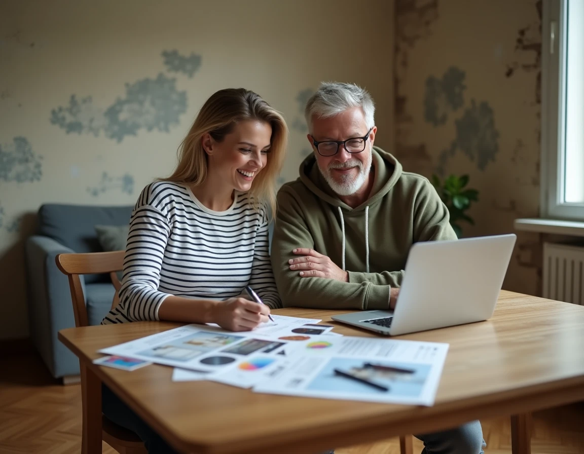 Couple planifiant une rénovation avec un petit budget, consultant un site d'estimation des travaux sur ordinateur