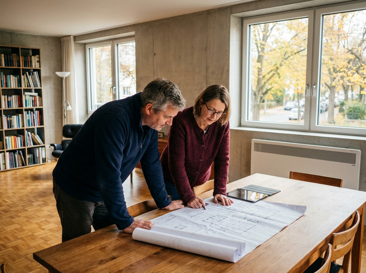 Couple examinant des plans de rénovation thermique dans un salon équipé d'un radiateur électrique à inertie moderne