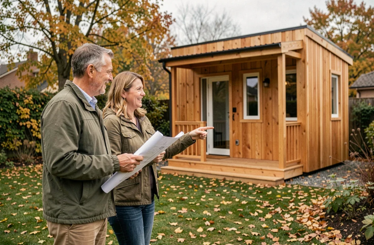 Couple de propriétaires devant leur extension de jardin préfabriquée destinée à accueillir un parent âgé