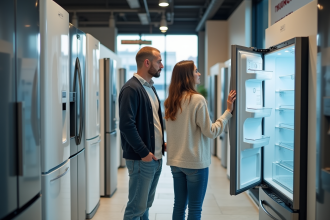Jeune couple regardant un frigo moderne en magasin