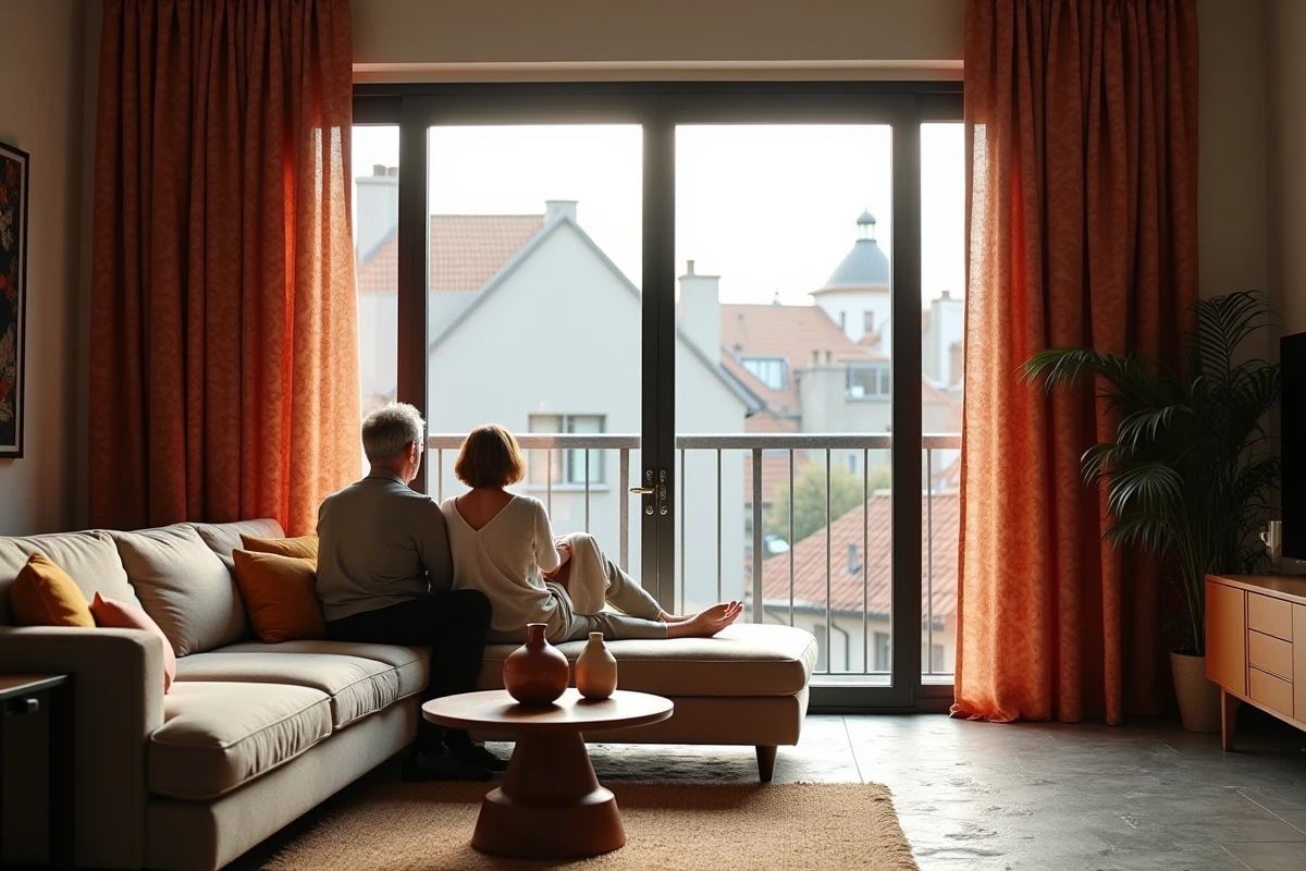 Couple admirant des rideaux &agrave; motif dans un salon lumineux
