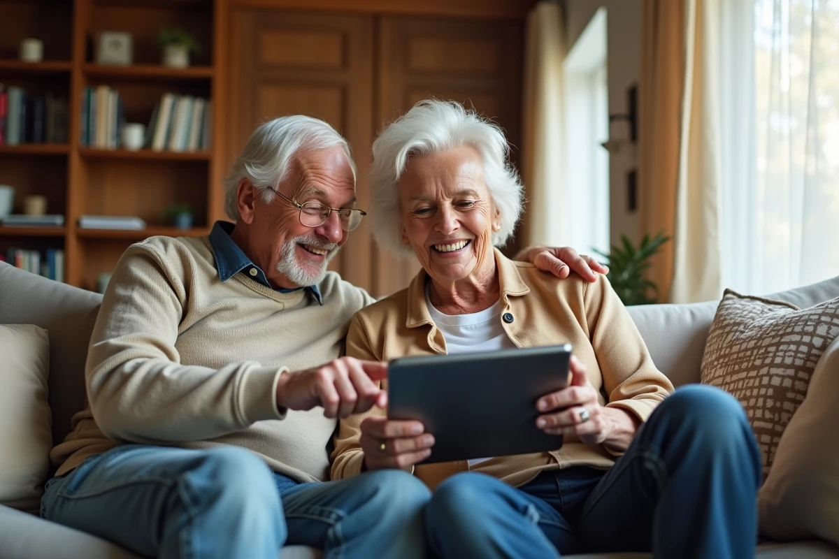 Couple de seniors consultant une application de services à domicile Wecassa pour profiter du crédit d'impôt